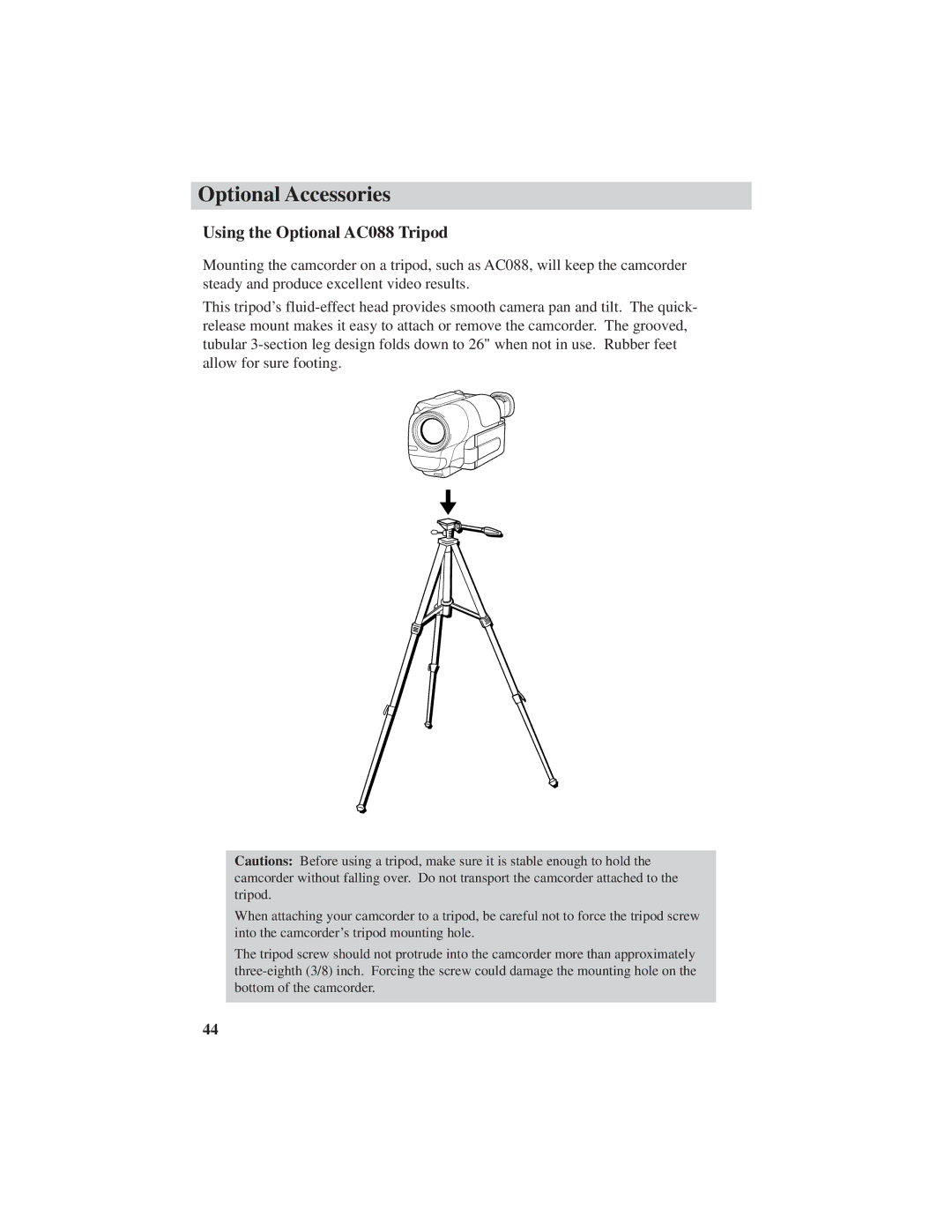 RCA ProV600 manual Using the Optional AC088 Tripod 