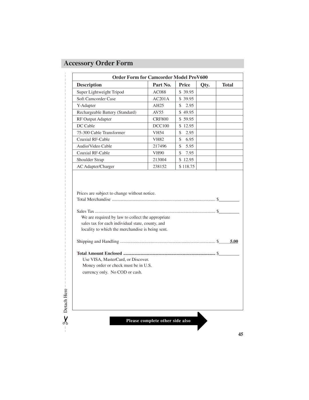 RCA ProV600 manual Accessory Order Form 