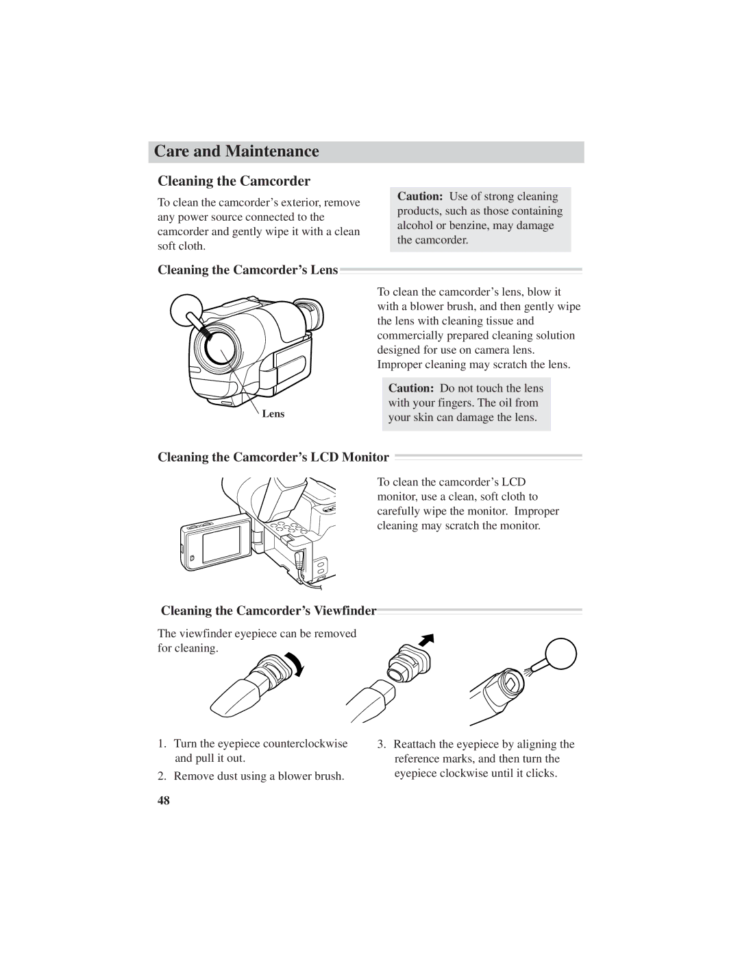 RCA ProV600 manual Care and Maintenance, Cleaning the Camcorder’s Lens, Cleaning the Camcorder’s LCD Monitor 