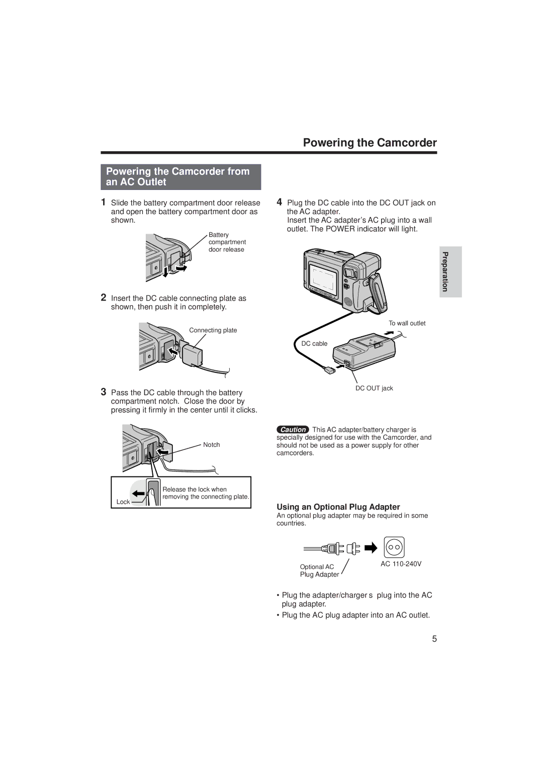 RCA ProV712, ProV714 manual Powering the Camcorder from an AC Outlet, Using an Optional Plug Adapter 