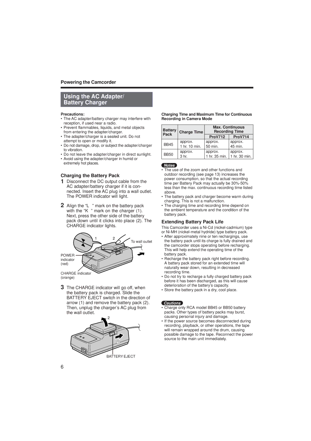 RCA ProV714, ProV712 Using the AC Adapter Battery Charger, Powering the Camcorder, Charging the Battery Pack, Precautions 