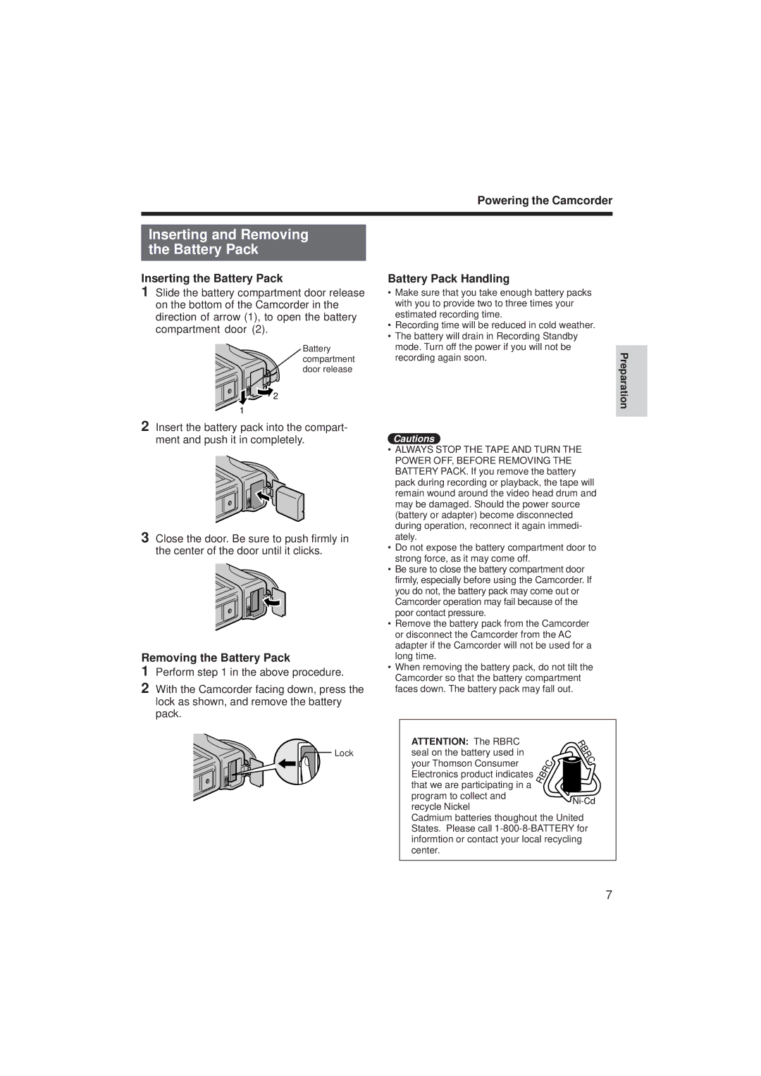 RCA ProV712, ProV714 manual Inserting and Removing the Battery Pack, Inserting the Battery Pack, Battery Pack Handling 