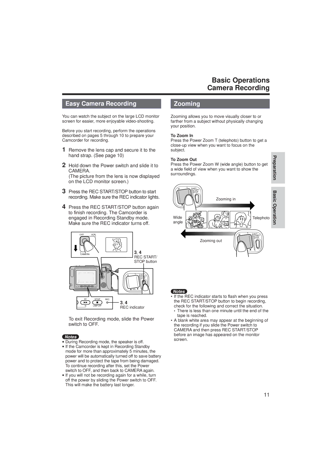 RCA ProV712, ProV714 manual Basic Operations Camera Recording, Easy Camera Recording, Zooming, To Zoom Out 