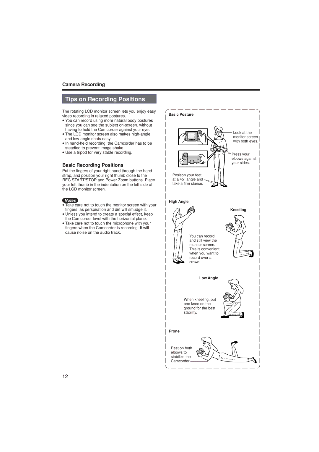 RCA ProV714, ProV712 manual Tips on Recording Positions, Basic Recording Positions 