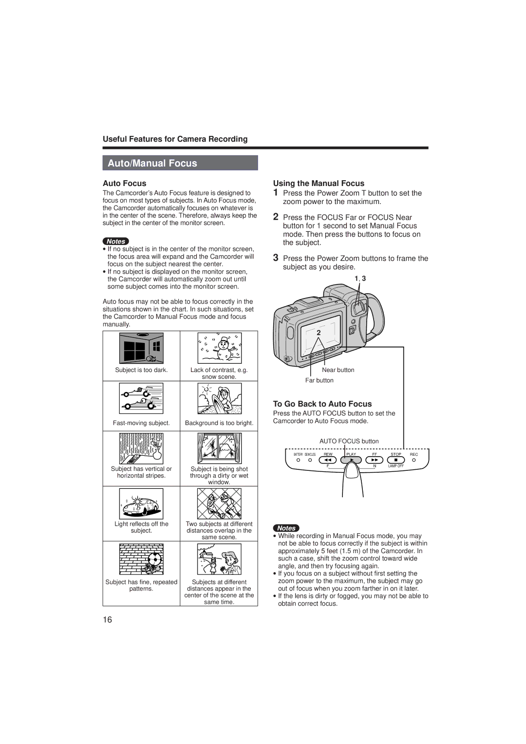 RCA ProV714, ProV712 manual Auto/Manual Focus, Useful Features for Camera Recording, Auto Focus, Using the Manual Focus 