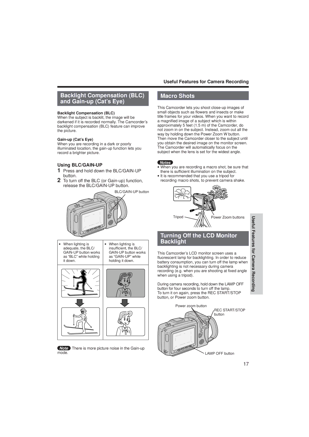 RCA ProV712, ProV714 Backlight Compensation BLC and Gain-up Cat’s Eye, Macro Shots, Turning Off the LCD Monitor Backlight 