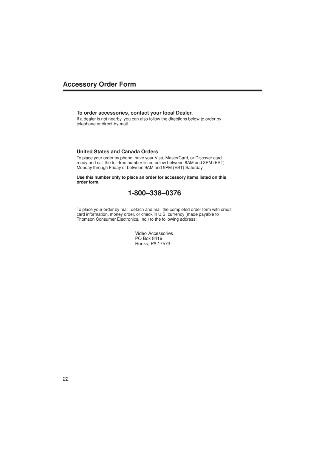 RCA ProV714, ProV712 manual Accessory Order Form, To order accessories, contact your local Dealer 