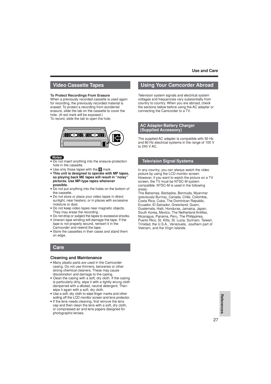 RCA ProV712, ProV714 manual Video Cassette Tapes, Using Your Camcorder Abroad, Care, Cleaning and Maintenance 