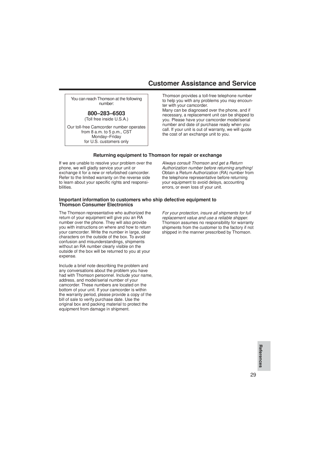 RCA ProV712, ProV714 manual Customer Assistance and Service, Returning equipment to Thomson for repair or exchange 