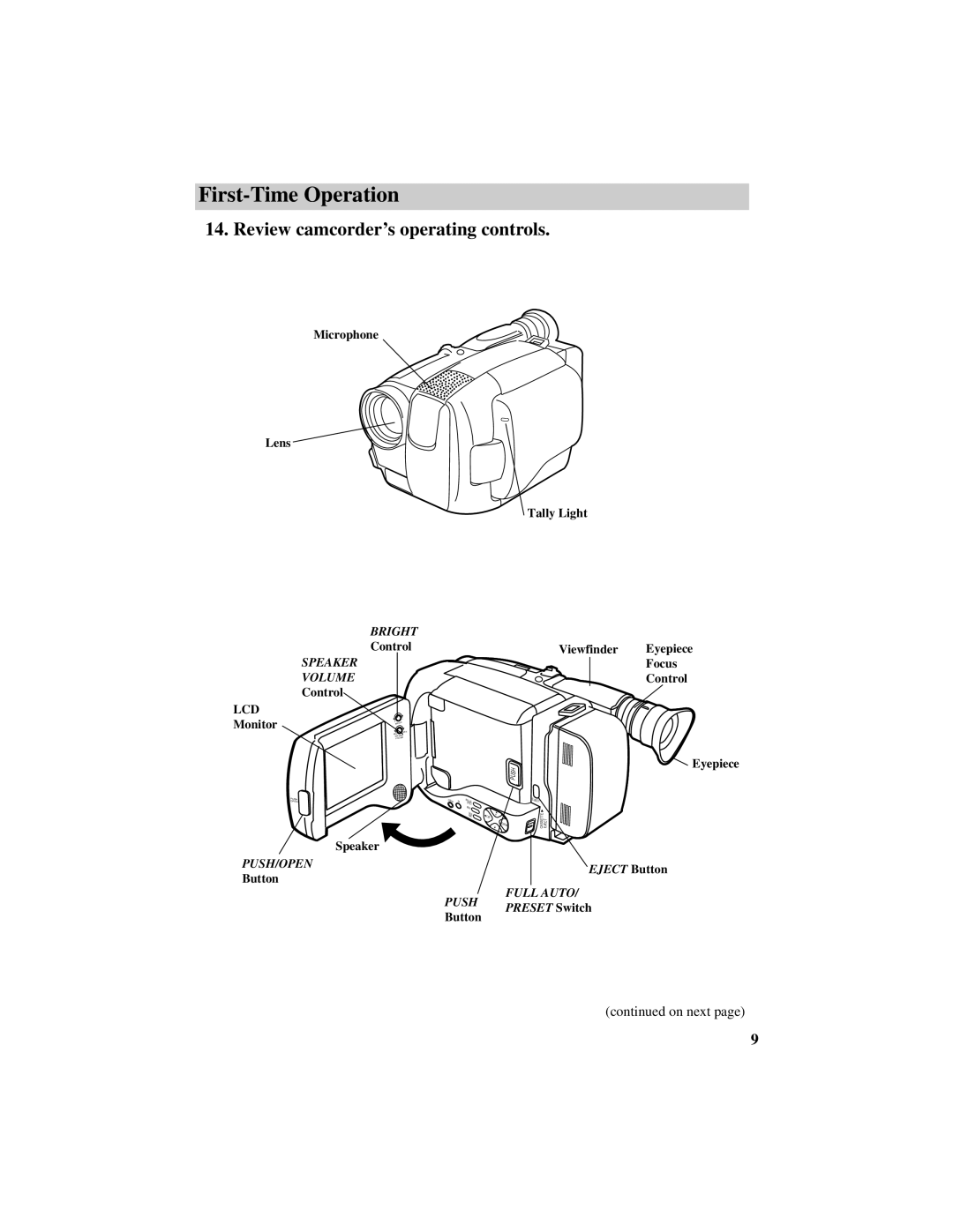 RCA ProV800C manual Review camcorder’s operating controls, Push/Open 