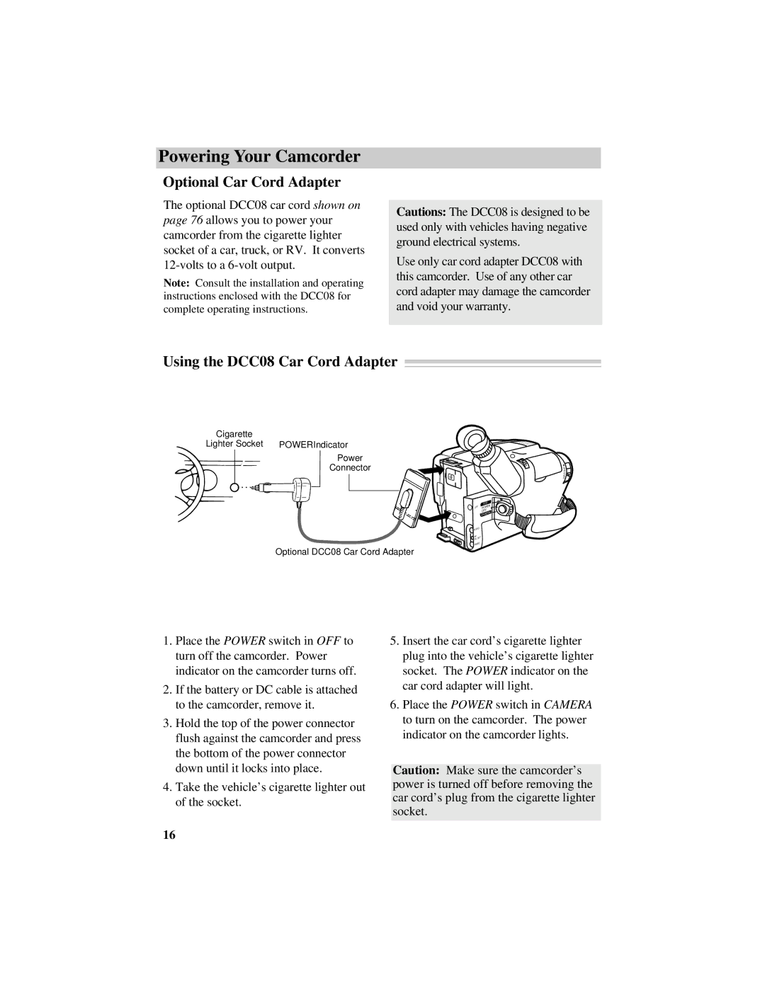 RCA ProV800C manual Optional Car Cord Adapter, Using the DCC08 Car Cord Adapter 