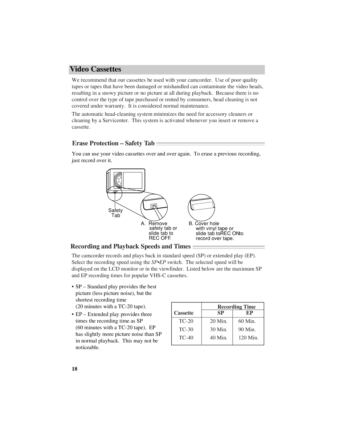 RCA ProV800C manual Video Cassettes, Erase Protection Safety Tab, Recording and Playback Speeds and Times 