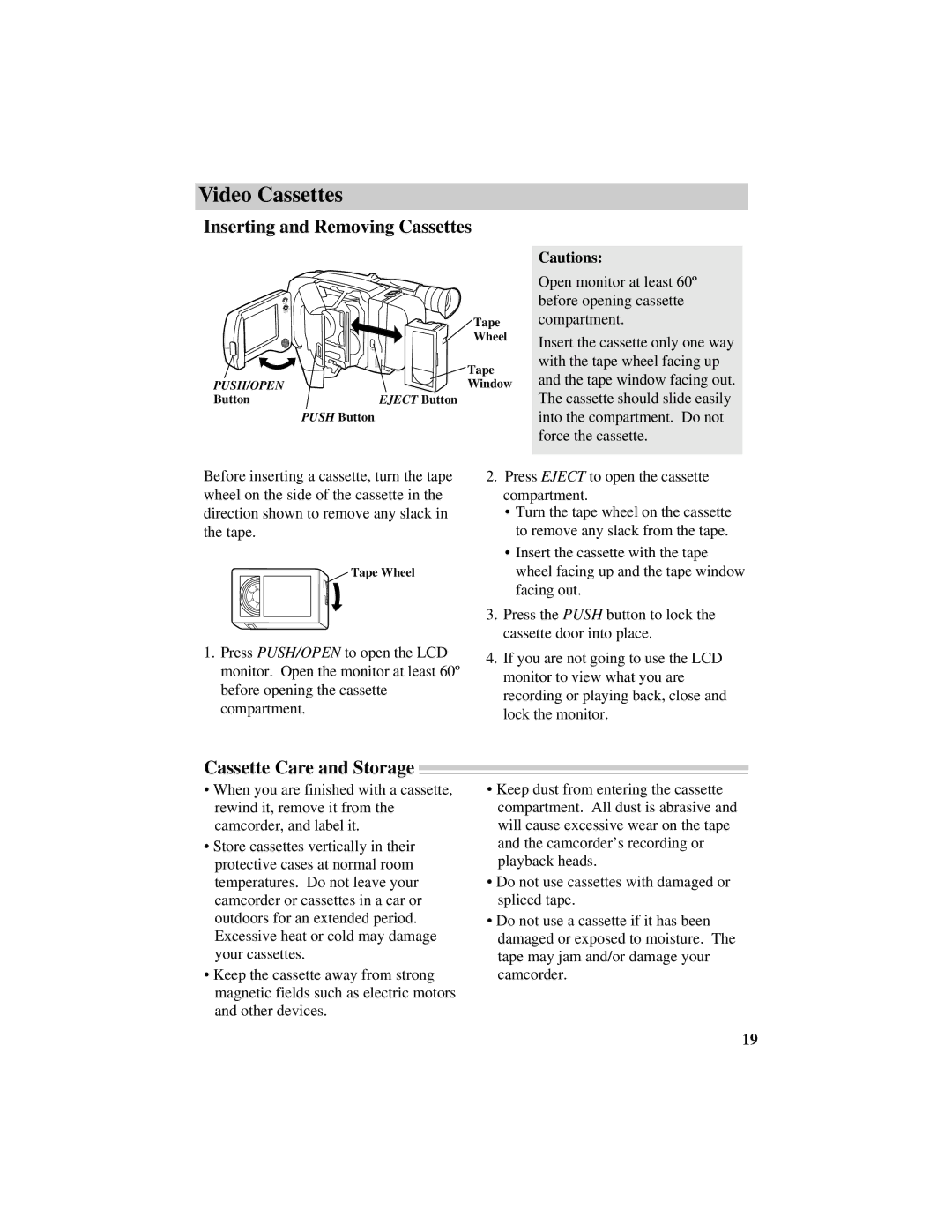 RCA ProV800C manual Inserting and Removing Cassettes, Cassette Care and Storage 