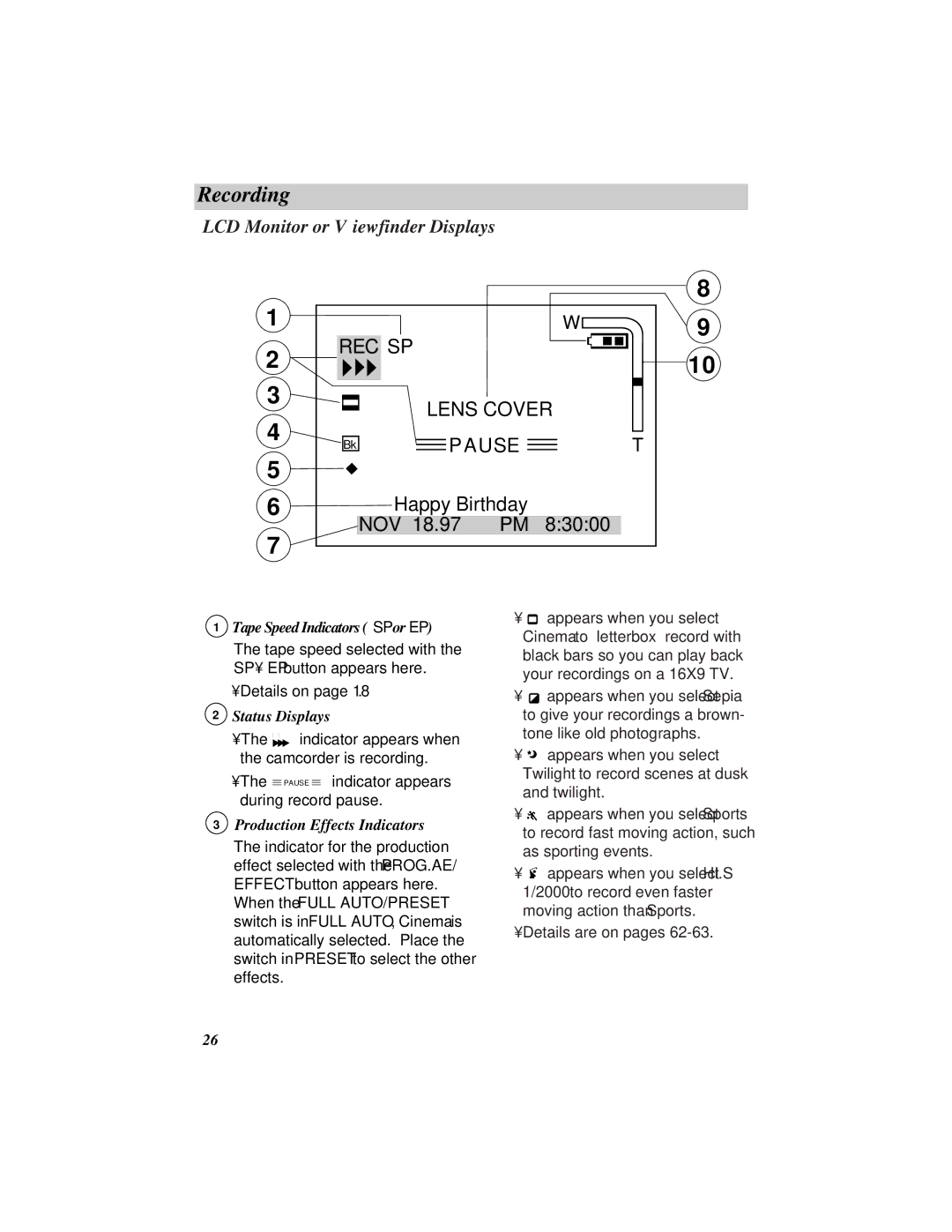 RCA ProV800C manual LCD Monitor or Viewfinder Displays, Details on, Status Displays 