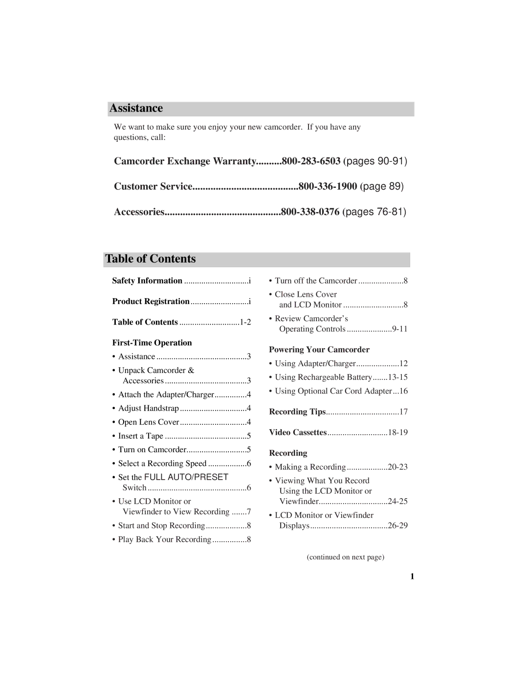 RCA ProV800C manual Assistance, Table of Contents 