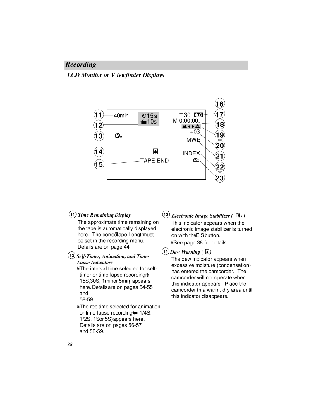 RCA ProV800C Time Remaining Display, Self-Timer, Animation, and Time- Lapse Indicators, 58-59, See page 38 for details 