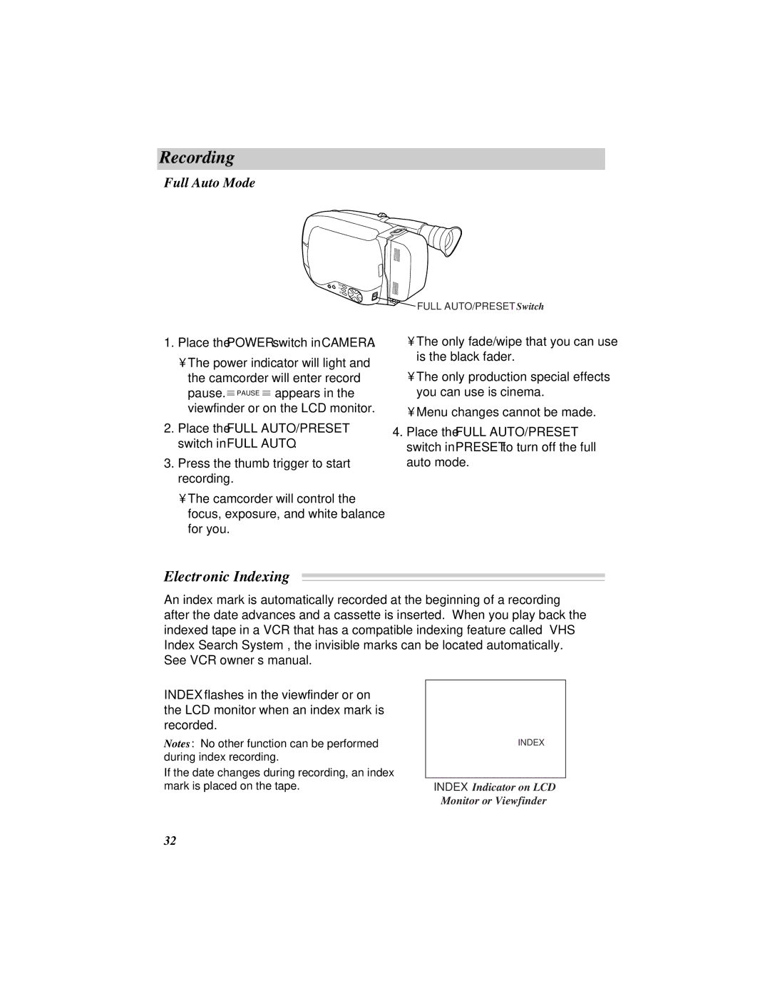 RCA ProV800C manual Electronic Indexing, Full Auto Mode, Place the Full AUTO/PRESET switch in Full Auto 