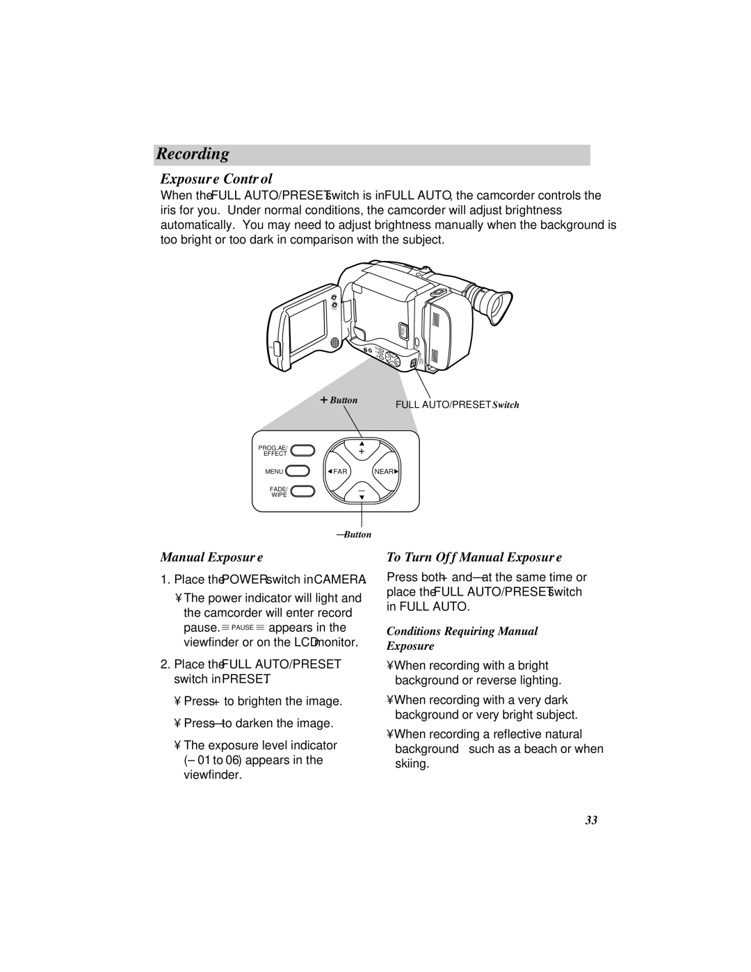 RCA ProV800C manual Exposure Control, To Turn Off Manual Exposure, Place the Full AUTO/PRESET switch in Preset 