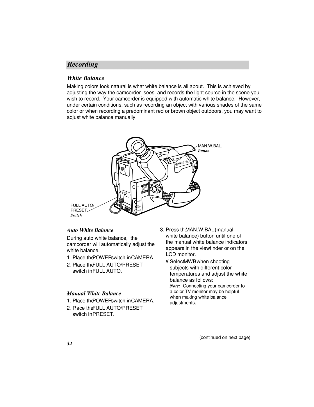 RCA ProV800C manual Auto White Balance, Manual White Balance, Place the Full AUTO/PRESET 