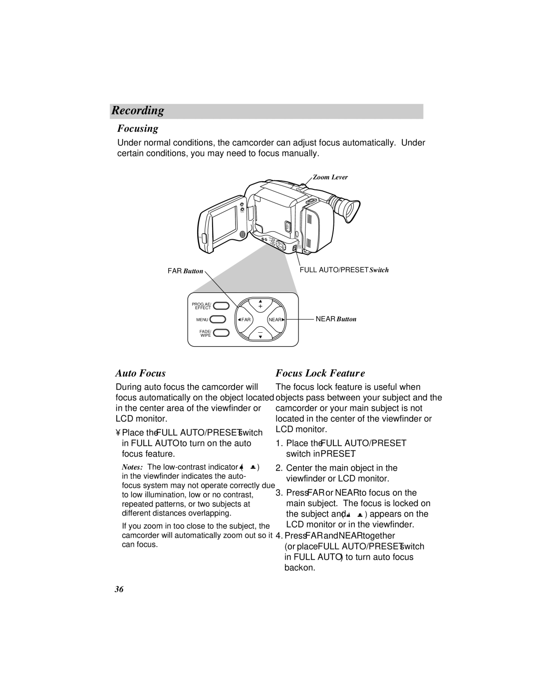 RCA ProV800C manual Focusing, Auto Focus Focus Lock Feature 