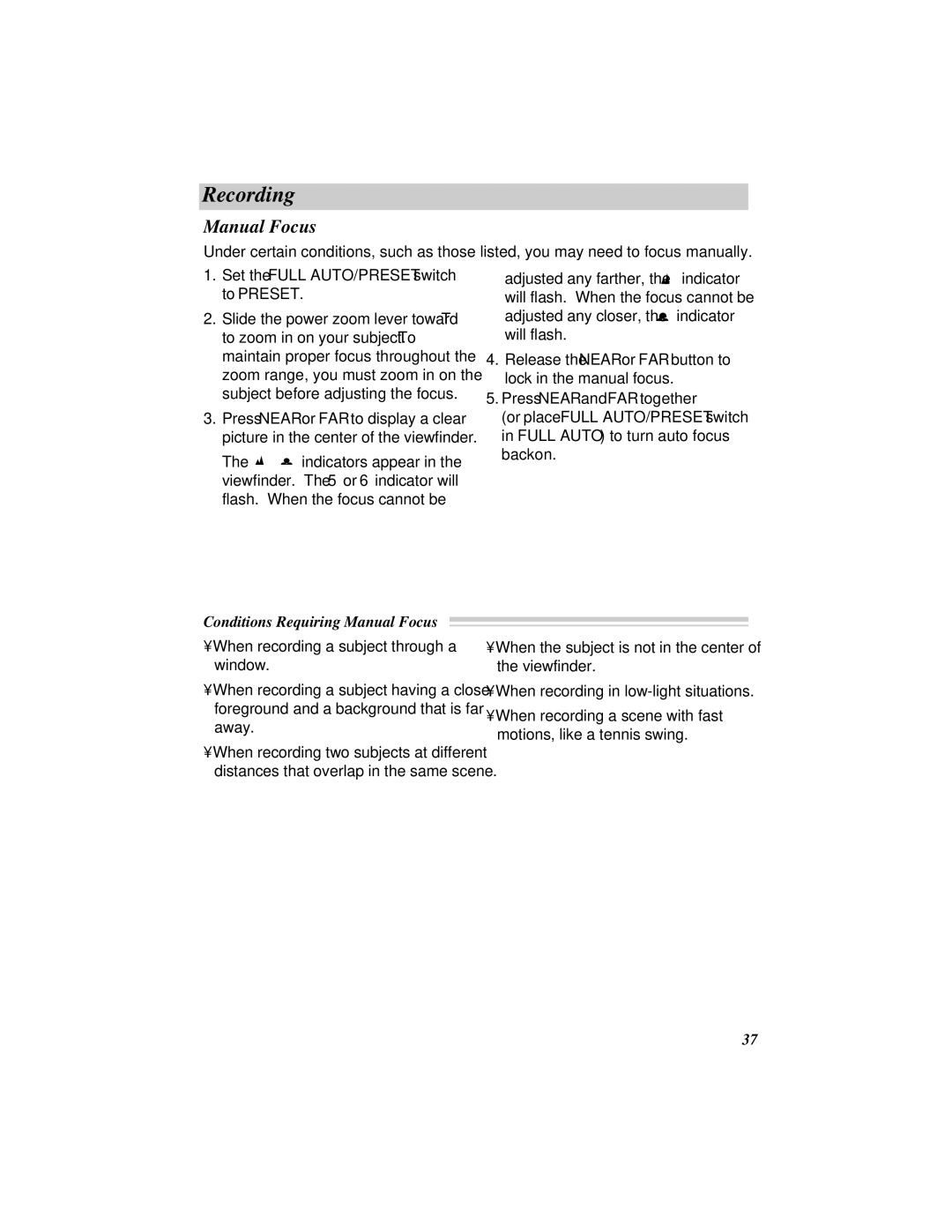 RCA ProV800C manual Set the Full AUTO/PRESET switch to Preset, Conditions Requiring Manual Focus 