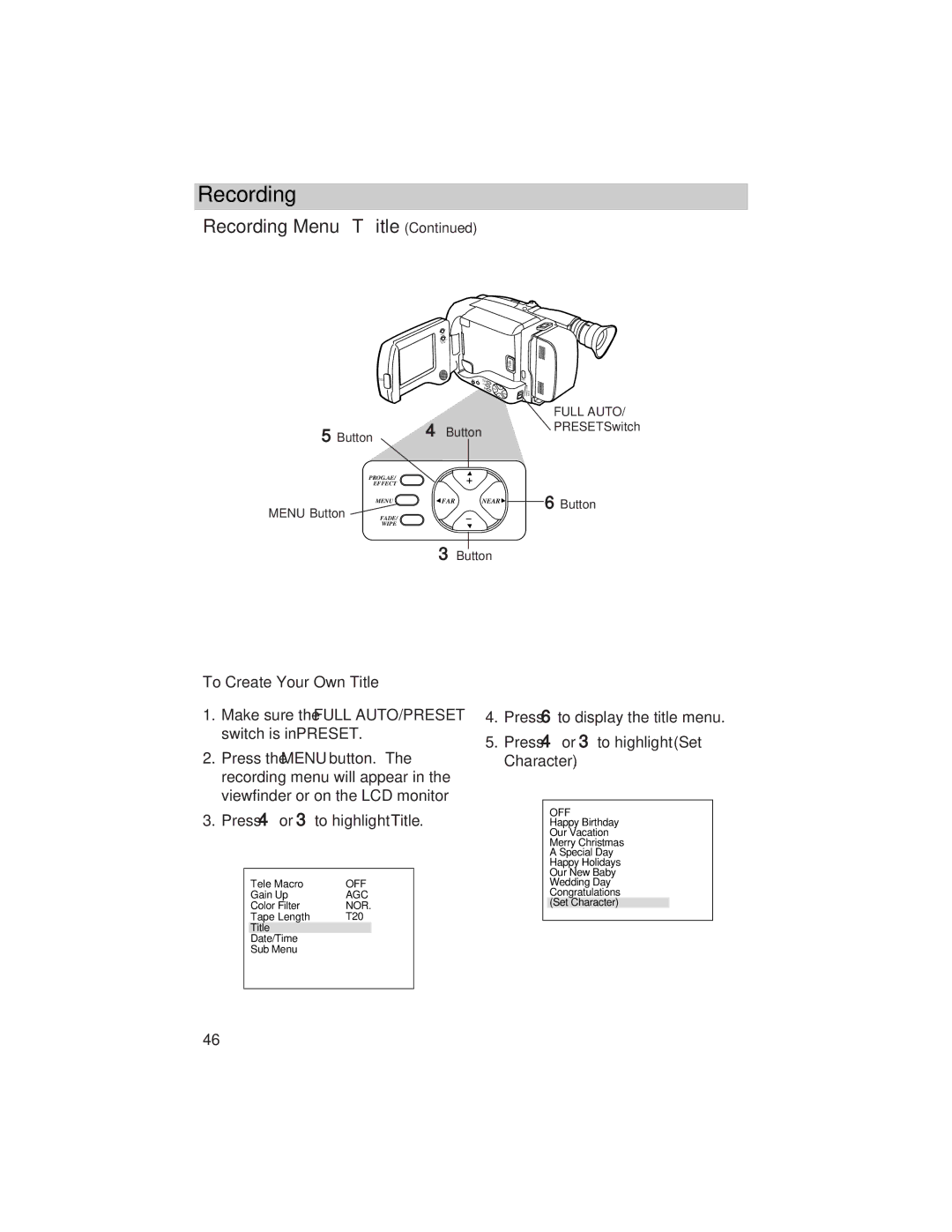 RCA ProV800C manual To Create Your Own Title, Press To highlight Title, Character 