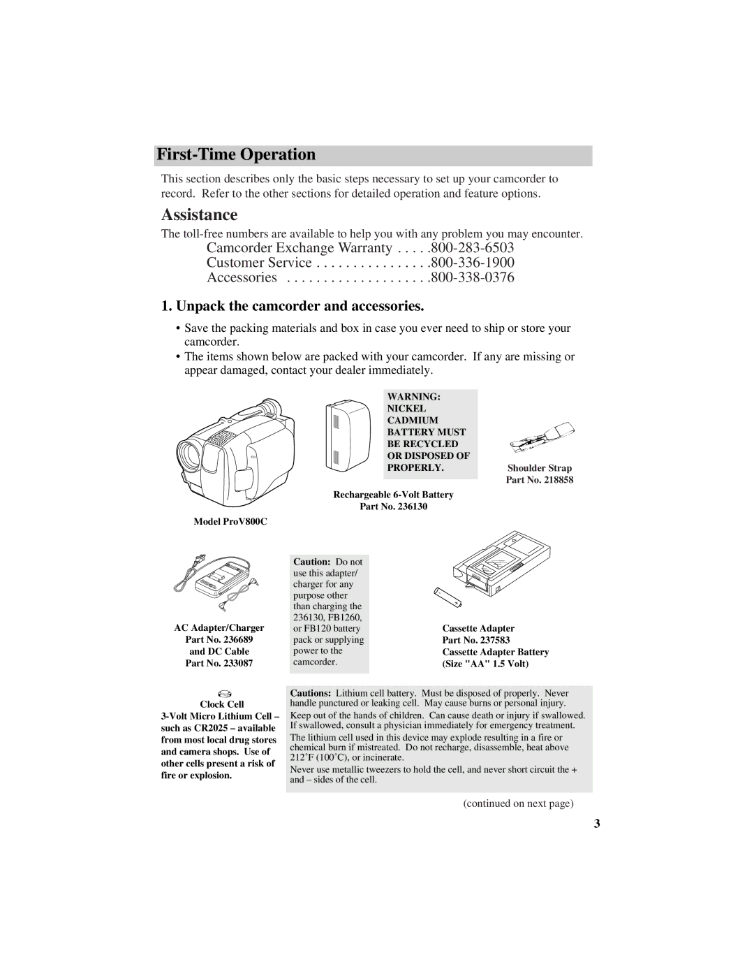 RCA ProV800C manual First-Time Operation, Unpack the camcorder and accessories 