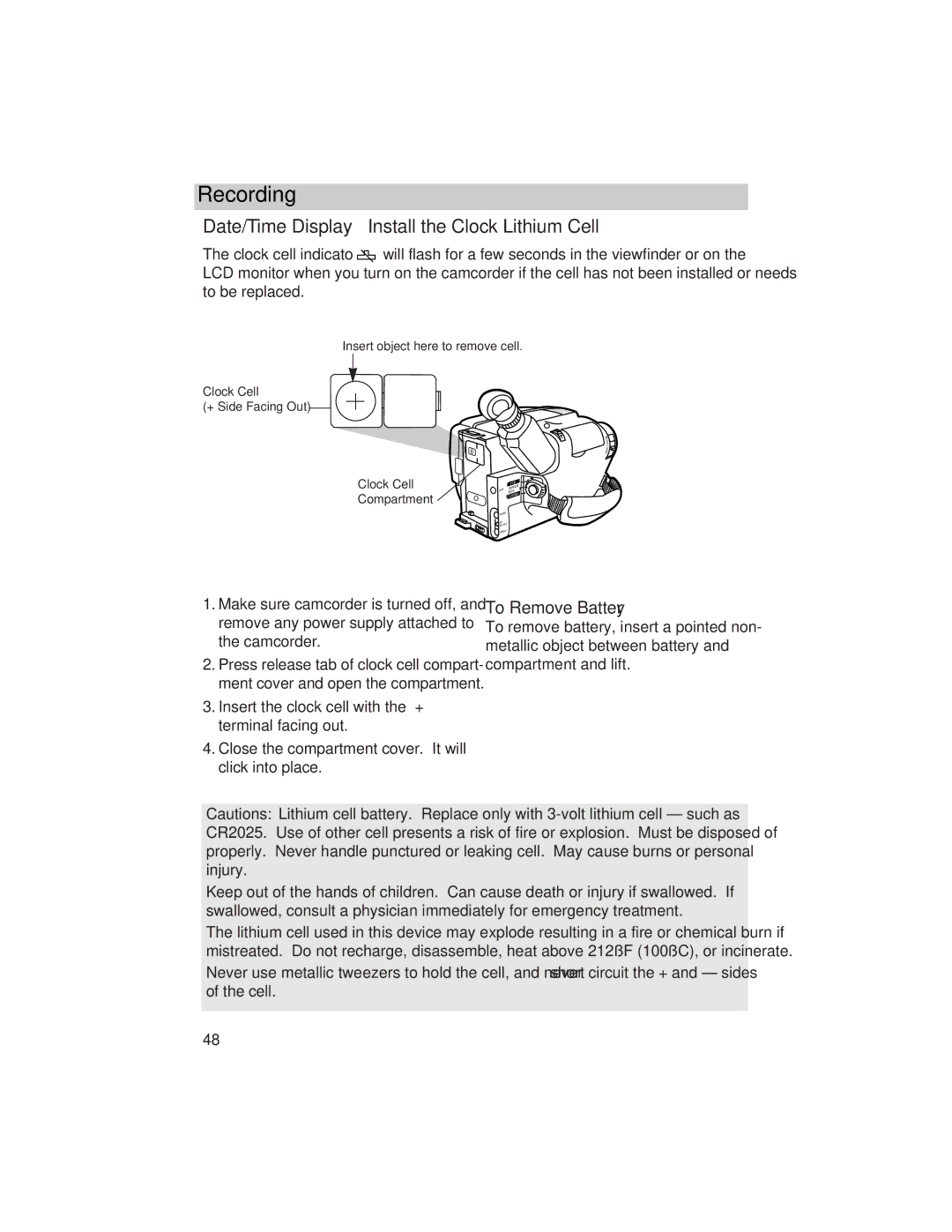 RCA ProV800C manual Date/Time Display Install the Clock Lithium Cell, To Remove Battery 