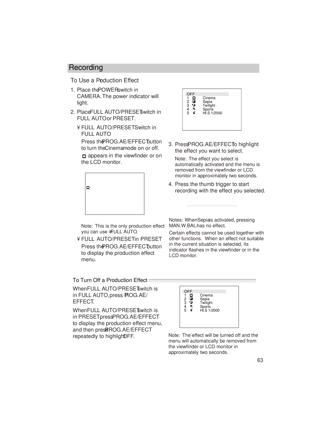 RCA ProV800C manual To Use a Production Effect, To Turn Off a Production Effect 