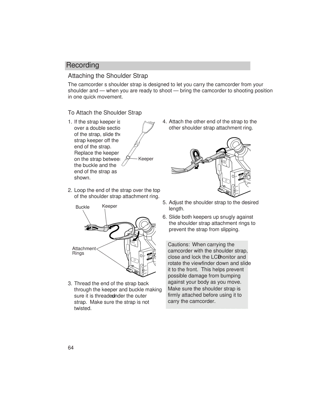 RCA ProV800C manual Attaching the Shoulder Strap, To Attach the Shoulder Strap 