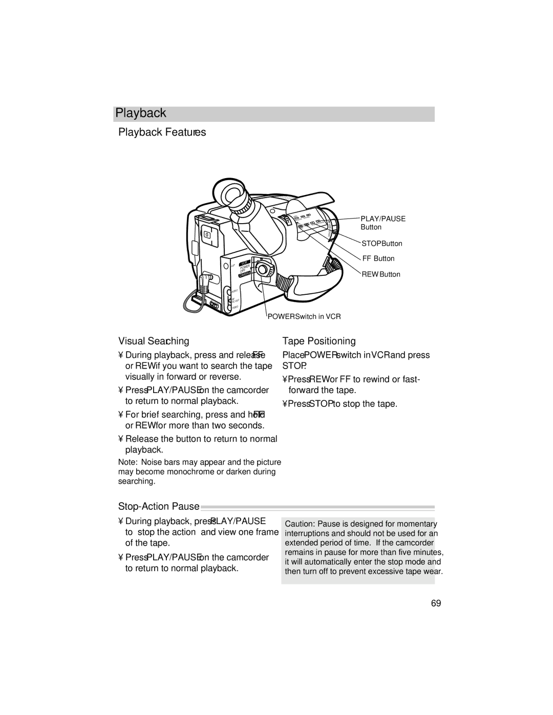 RCA ProV800C manual Playback Features, Visual Searching, Stop-Action Pause Tape Positioning 