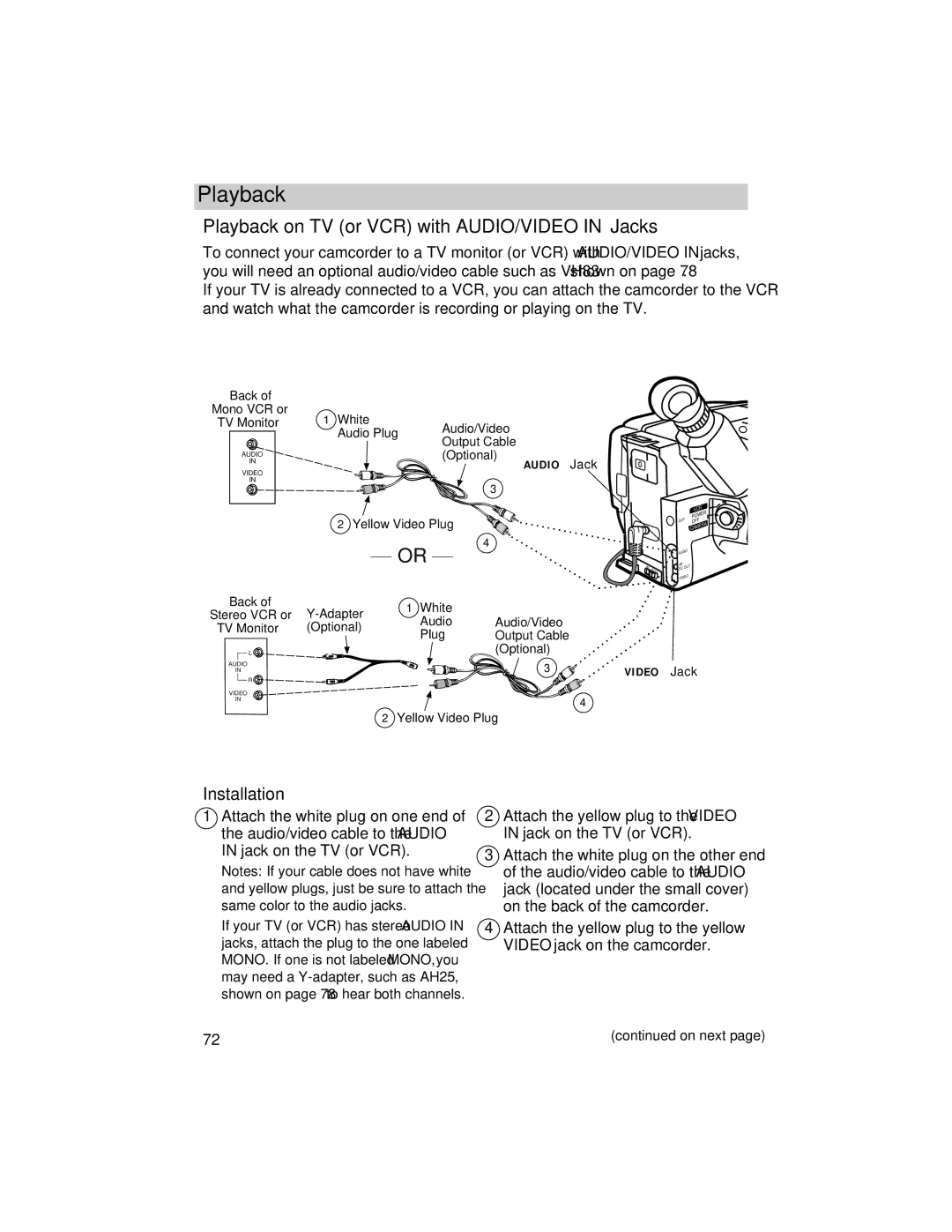 RCA ProV800C manual Playback on TV or VCR with AUDIO/VIDEO in Jacks, Installation 