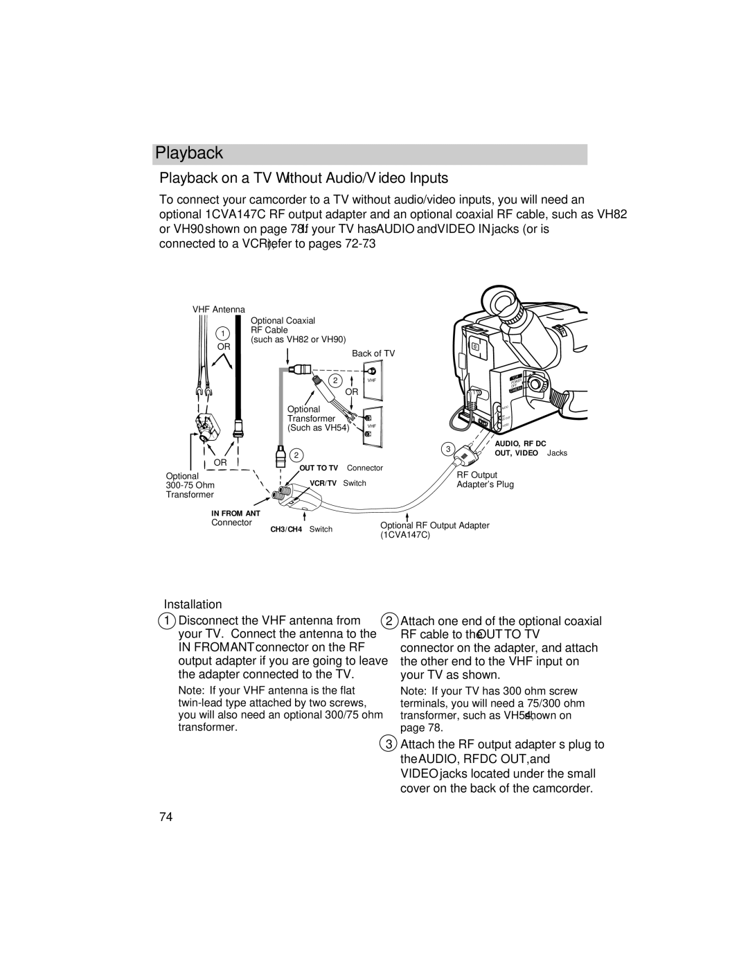 RCA ProV800C manual Playback on a TV Without Audio/Video Inputs, Installation 