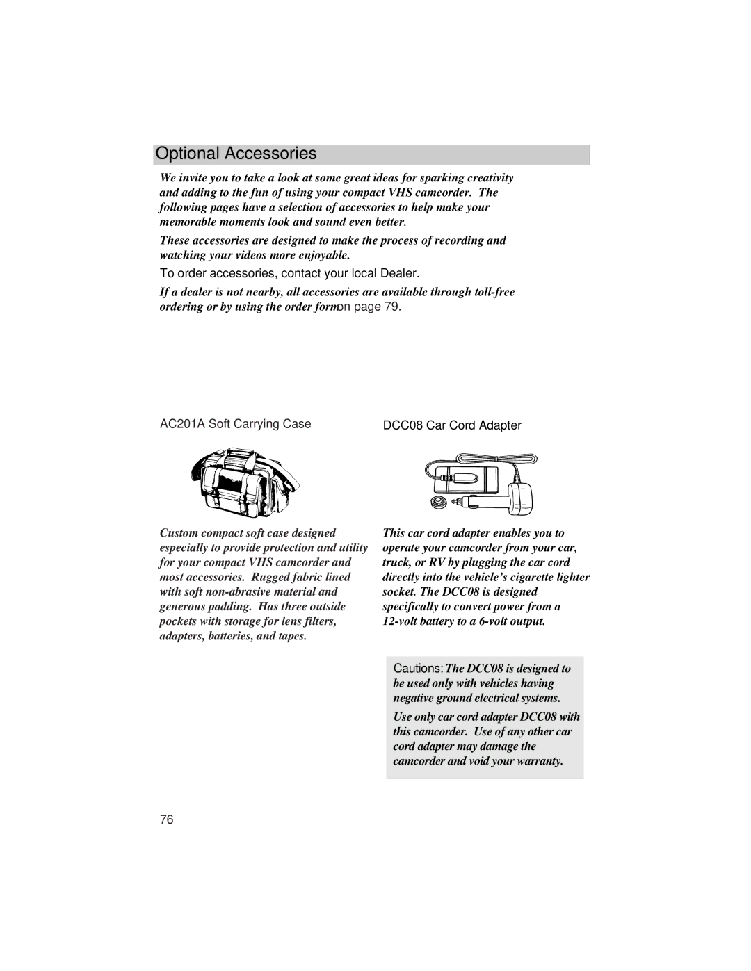 RCA ProV800C manual Optional Accessories, To order accessories, contact your local Dealer 