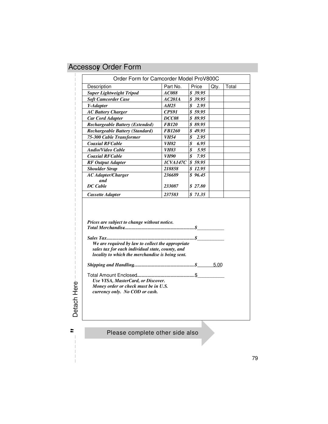 RCA manual Accessory Order Form, Please complete other side also, Order Form for Camcorder Model ProV800C 