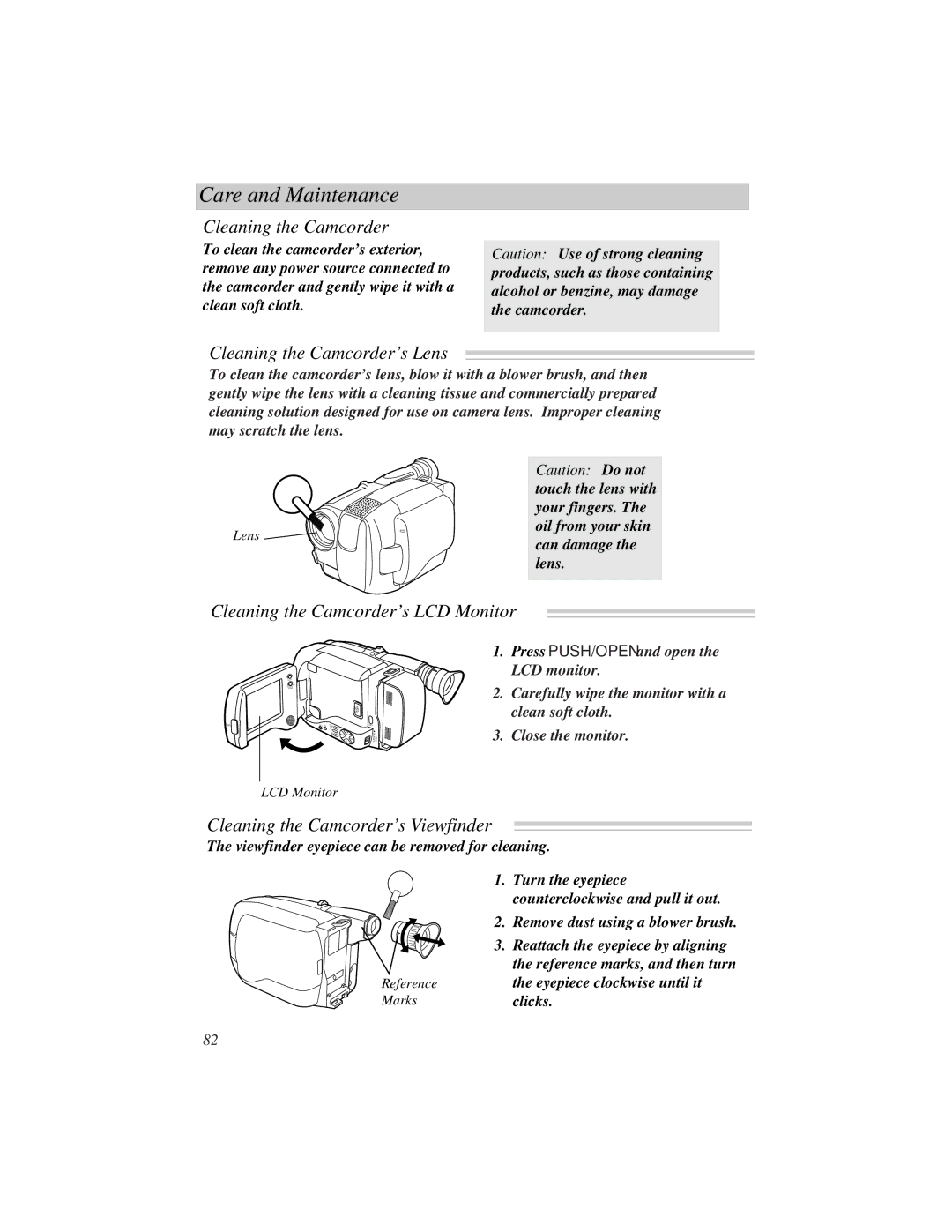 RCA ProV800C manual Care and Maintenance, Cleaning the Camcorder’s Lens, Cleaning the Camcorder’s LCD Monitor 