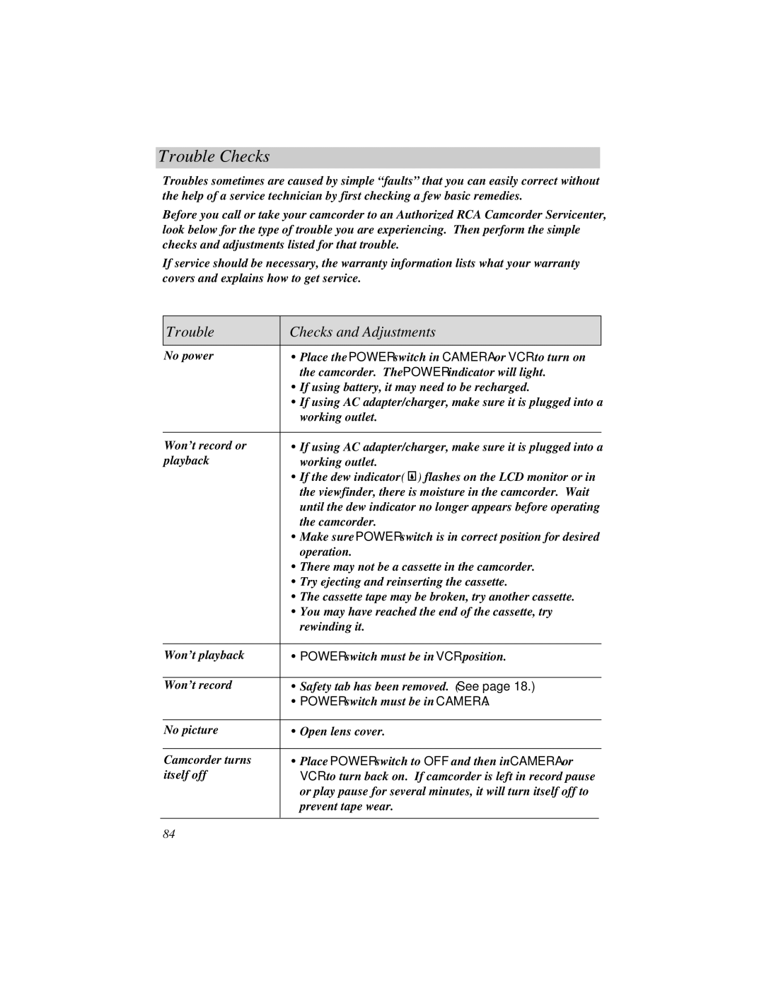 RCA ProV800C manual Trouble Checks and Adjustments 