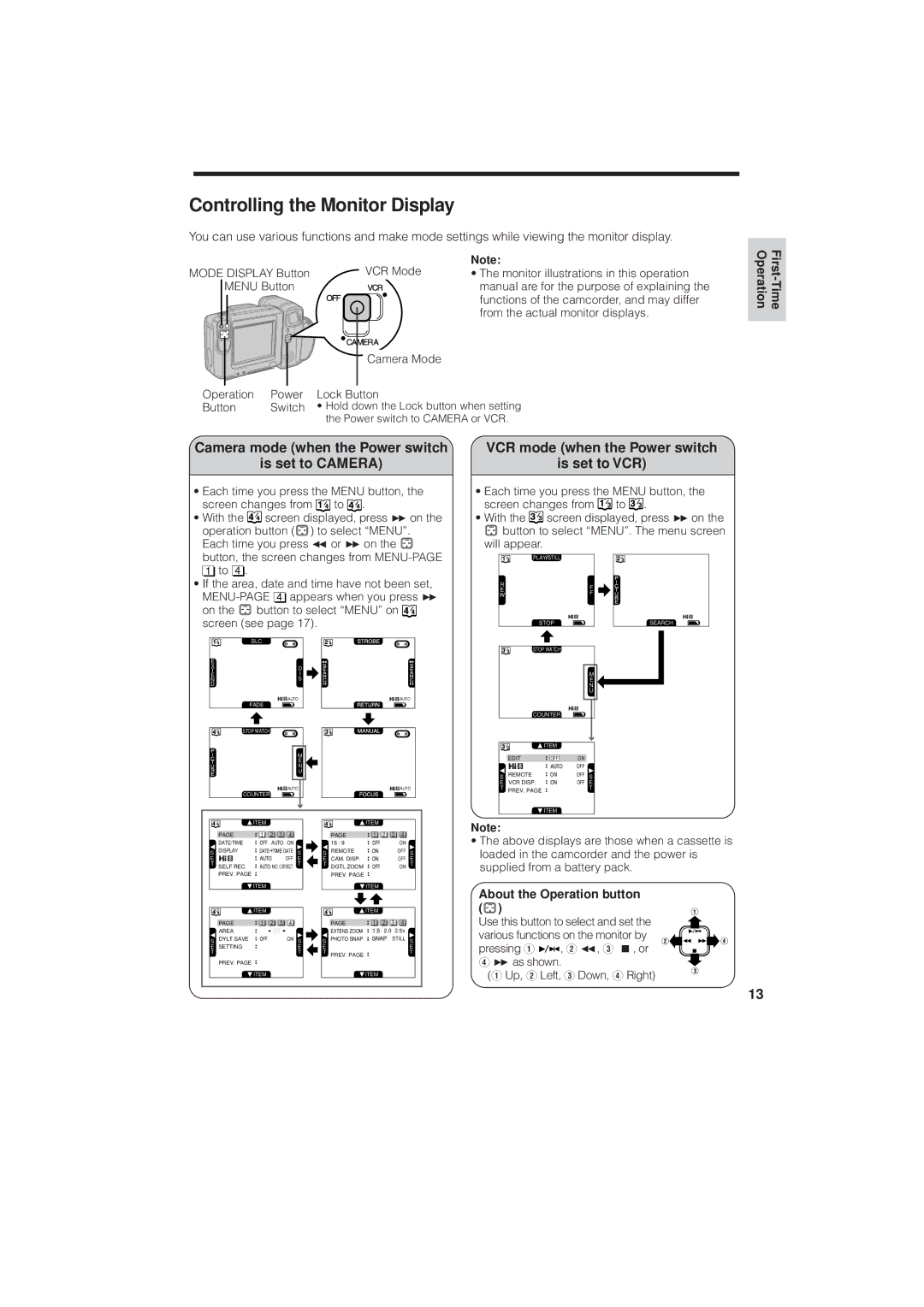 RCA ProV950HB manual Controlling the Monitor Display, Camera mode when the Power switch Is set to Camera 