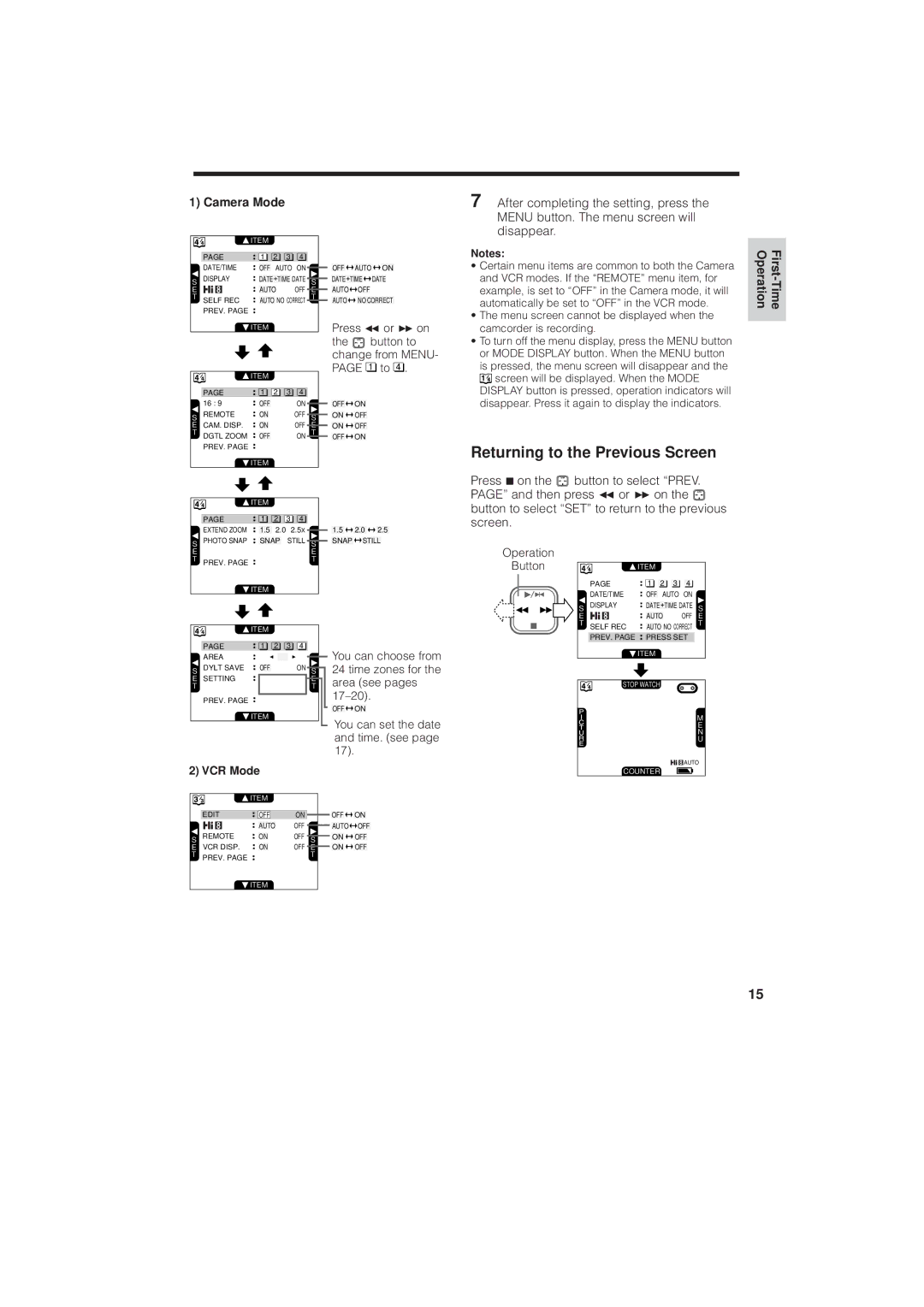 RCA ProV950HB manual Returning to the Previous Screen, Camera Mode, VCR Mode 