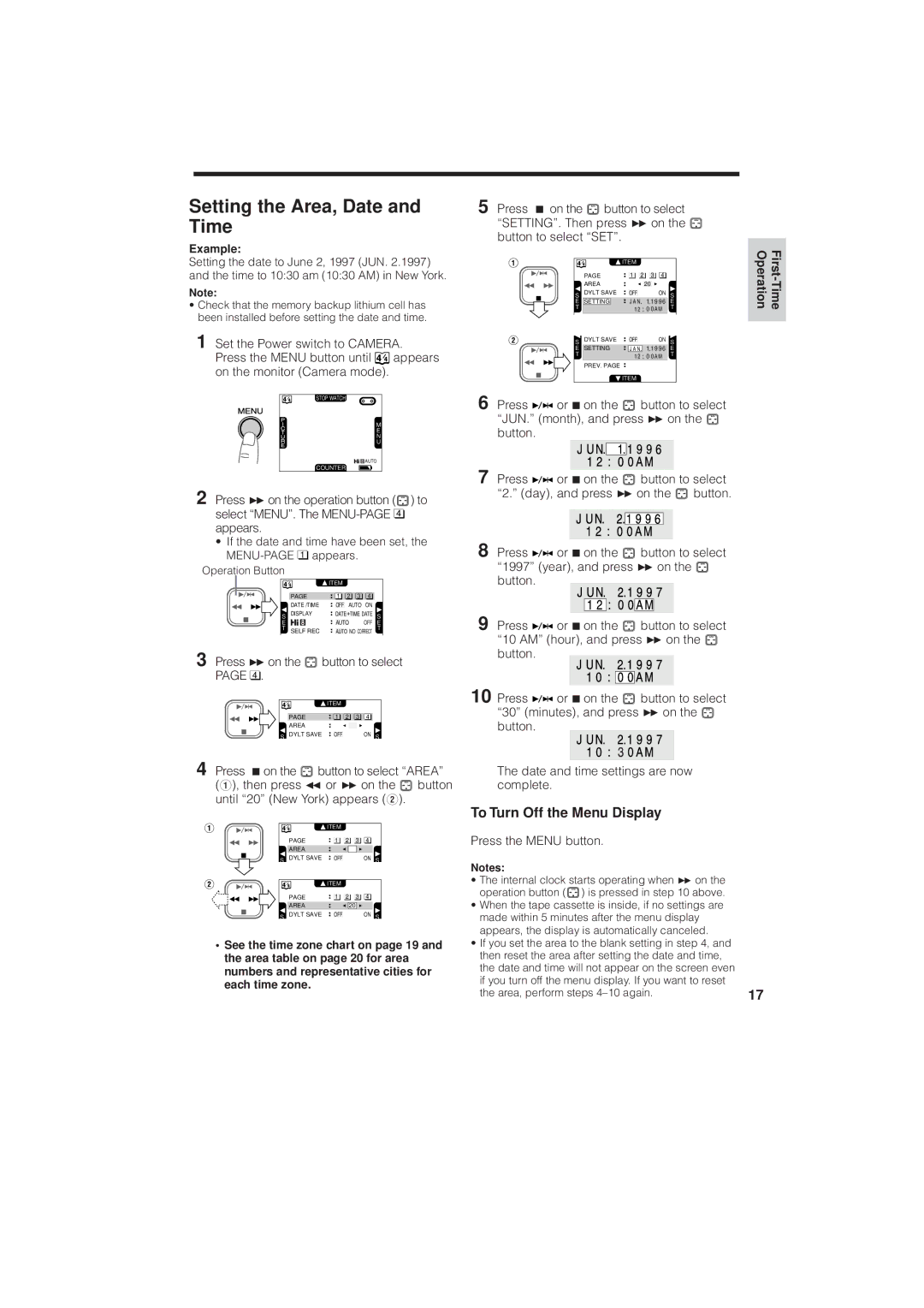 RCA ProV950HB Setting the Area, Date and Time, To Turn Off the Menu Display, Press B on, Press the Menu button, Example 