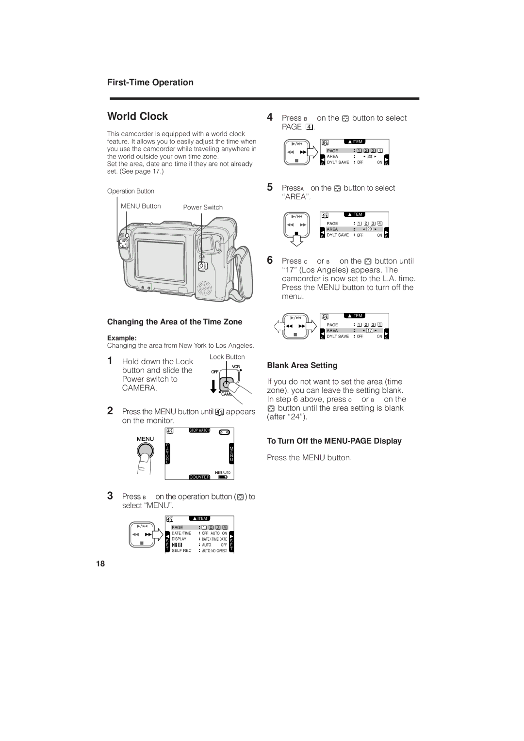 RCA ProV950HB manual World Clock, Changing the Area of the Time Zone, Blank Area Setting, To Turn Off the MENU-PAGE Display 