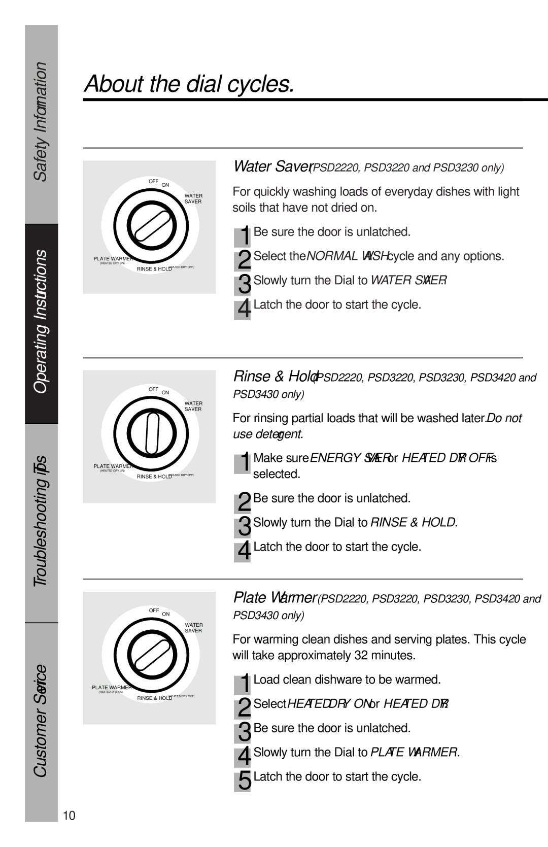 RCA 165D3527P035, PSD1000, PSD3430, PSD3220, PSD3230, PSD3420, PSD2220 owner manual About the dial cycles, Safety 