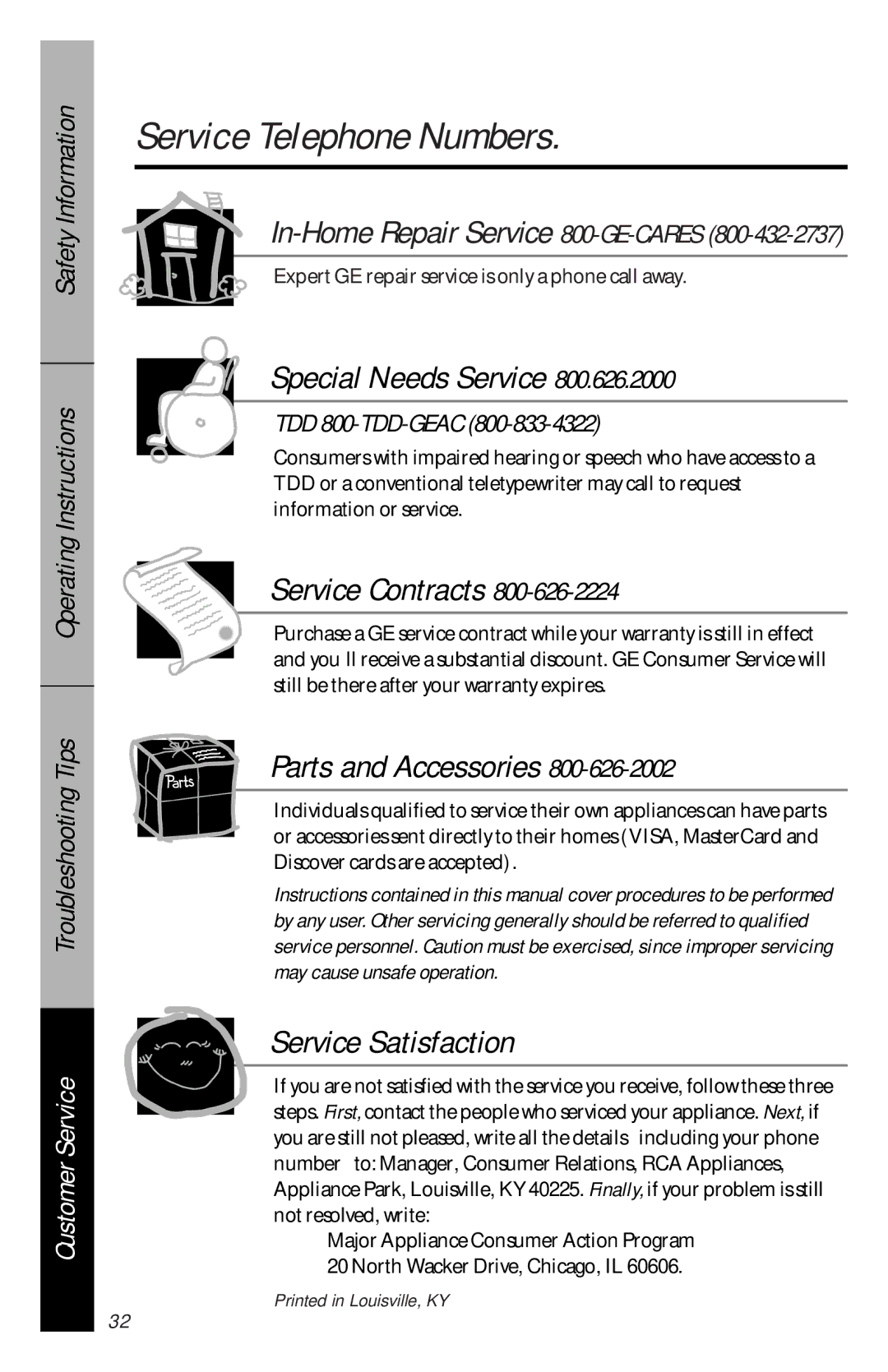 RCA PSD3230, PSD1000, PSD3430, PSD3220 Service Telephone Numbers, In-Home Repair Service 800-GE-CARES, TDD 800-TDD-GEAC 