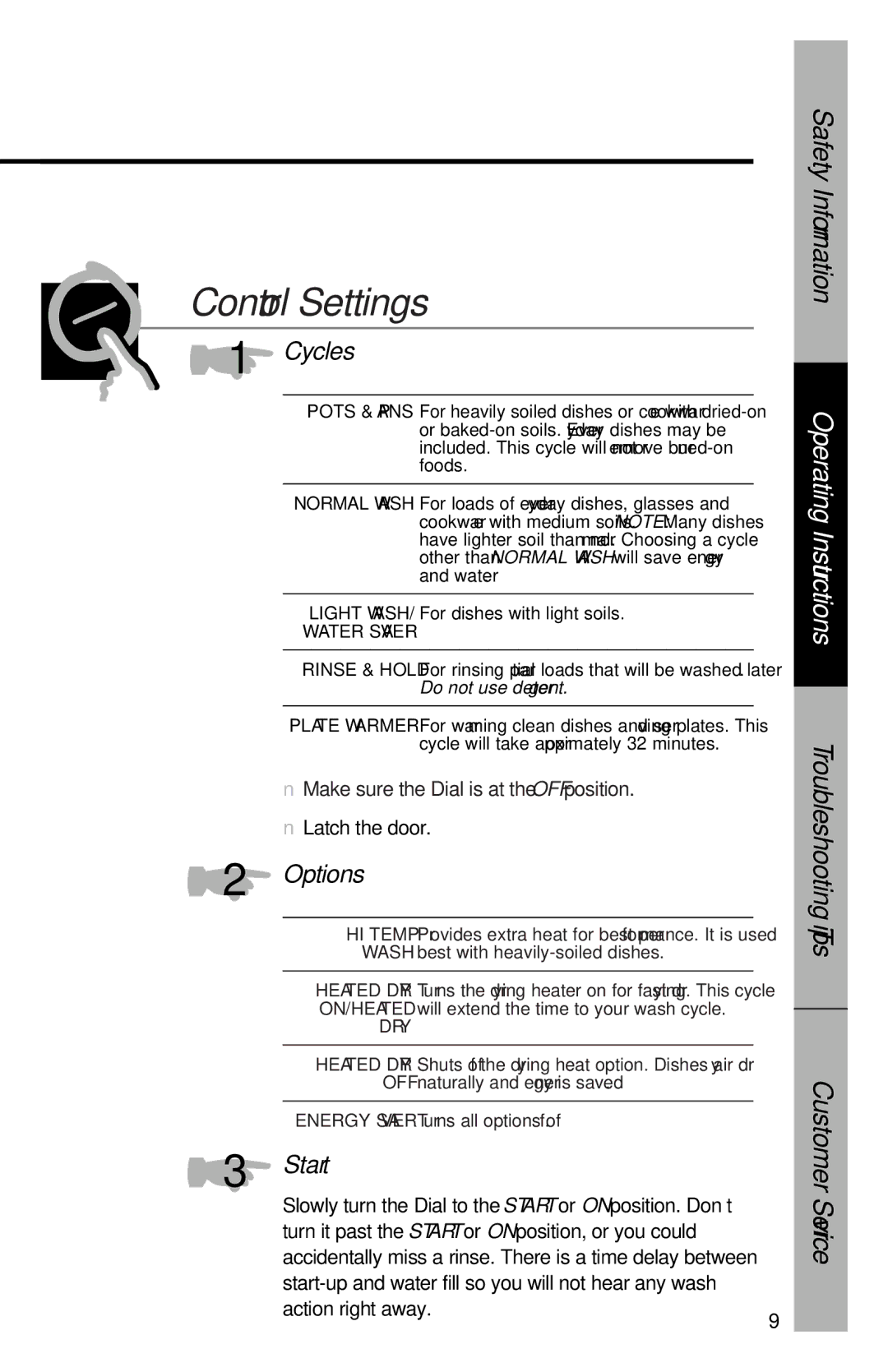 RCA PSD3220, PSD1000, PSD3430, 165D3527P035, PSD3230, PSD3420, PSD2220 owner manual Control Settings, Cycles, Options, Start 