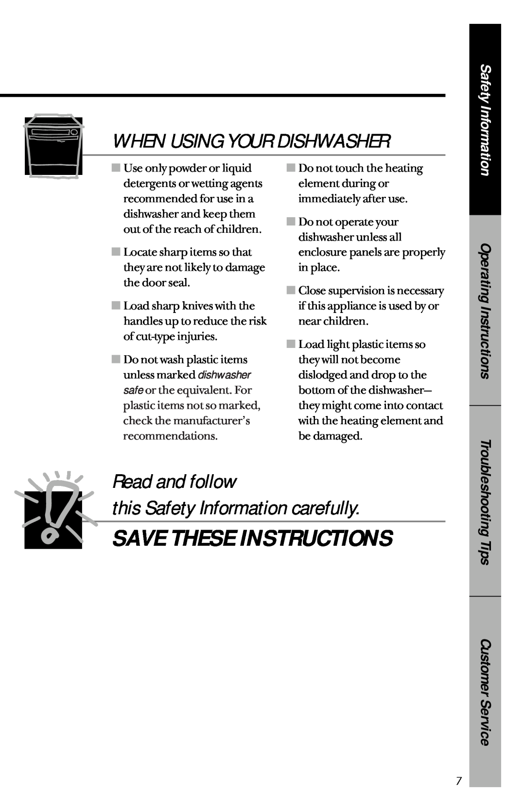 RCA PSD1000, PSD3430 Read and follow this Safety Information carefully, When Using Your Dishwasher, Operating Instructions 