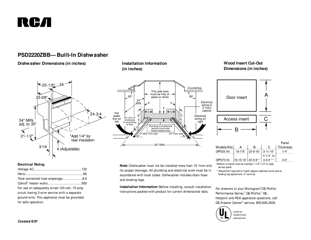 RCA PSD2220ZBB dimensions Dimensions in inches, Electrical Rating, Created 8/97 