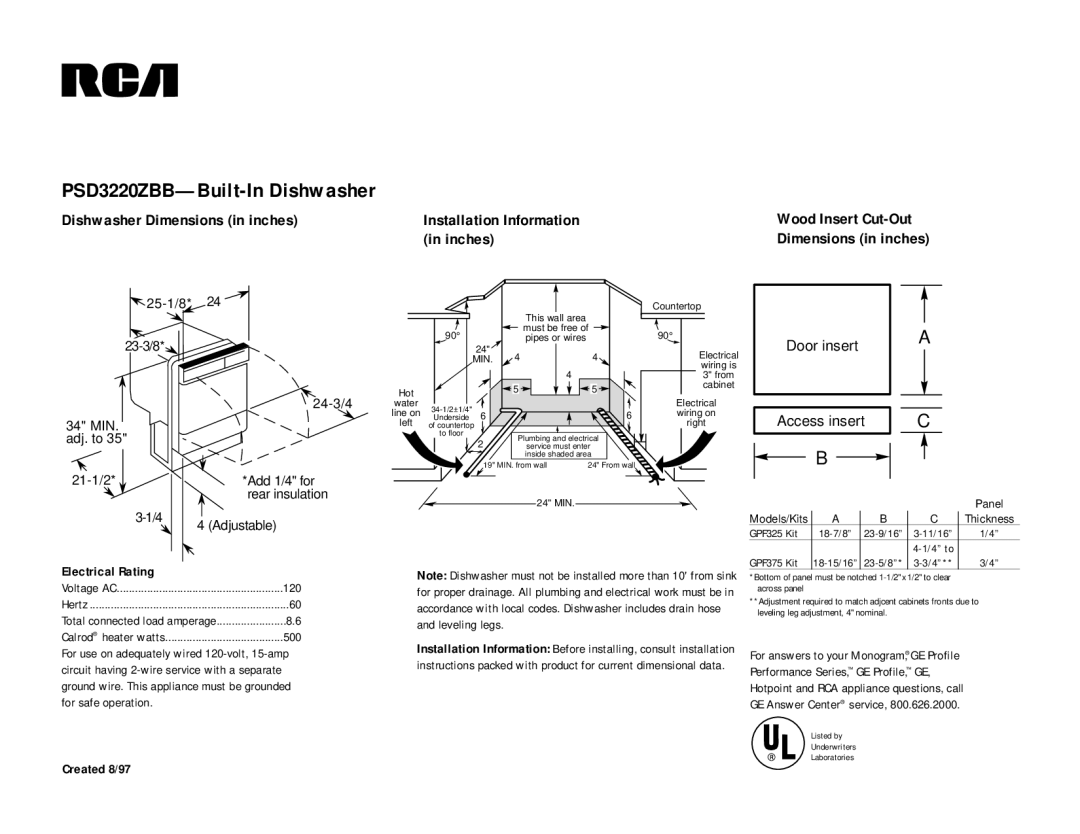 RCA PSD3220ZBB dimensions Dimensions in inches, Electrical Rating, Created 8/97 