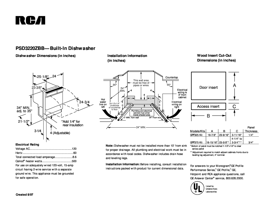 RCA dimensions PSD3220ZBB—Built-InDishwasher, Dishwasher Dimensions in inches, Installation Information, 21-1/2, 3-1/4 