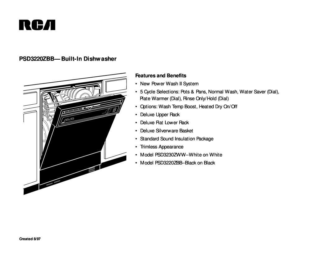 RCA dimensions PSD3220ZBB-Built-InDishwasher, Features and Benefits 