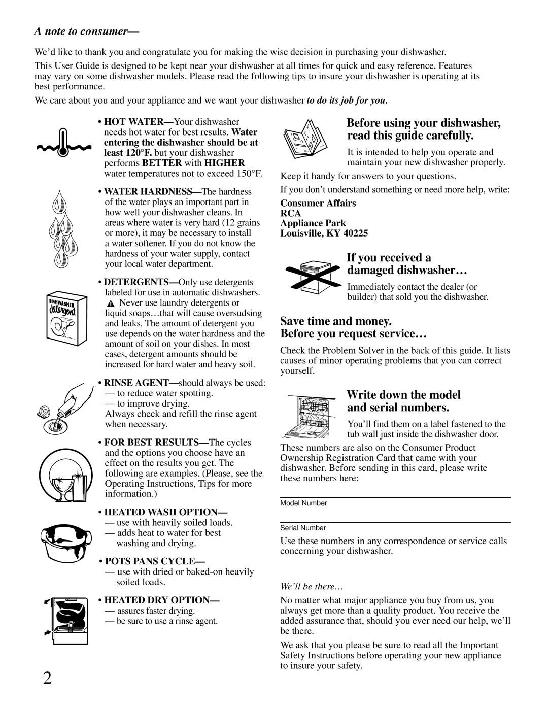 RCA PSD400 Save time and money Before you request service…, Rca, Heated Wash Option, Pots Pans Cycle, Heated DRY Option 